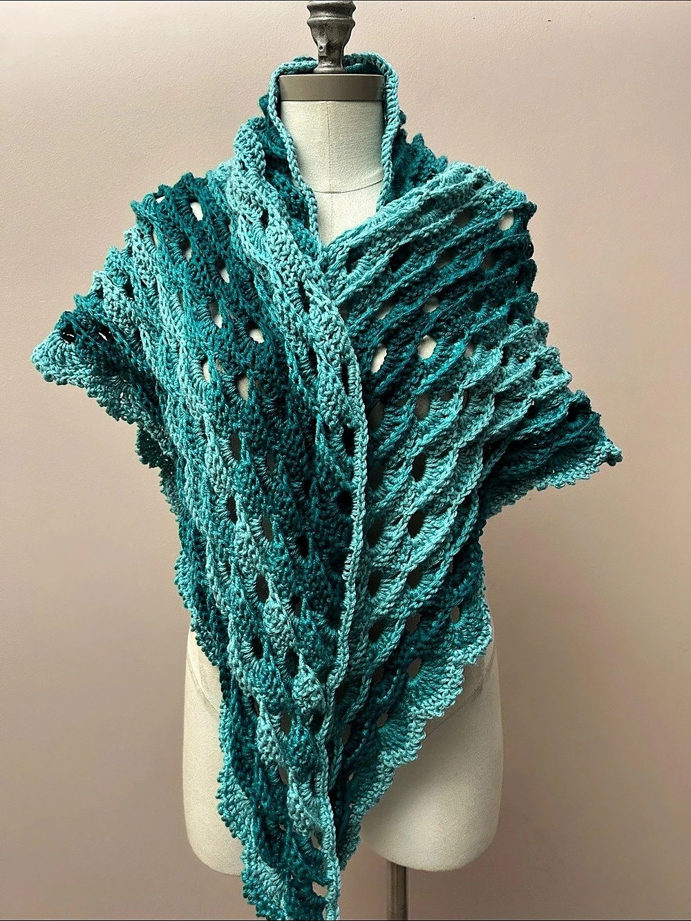 Handmade Teal Crochet Shawl Wrap hand knit
